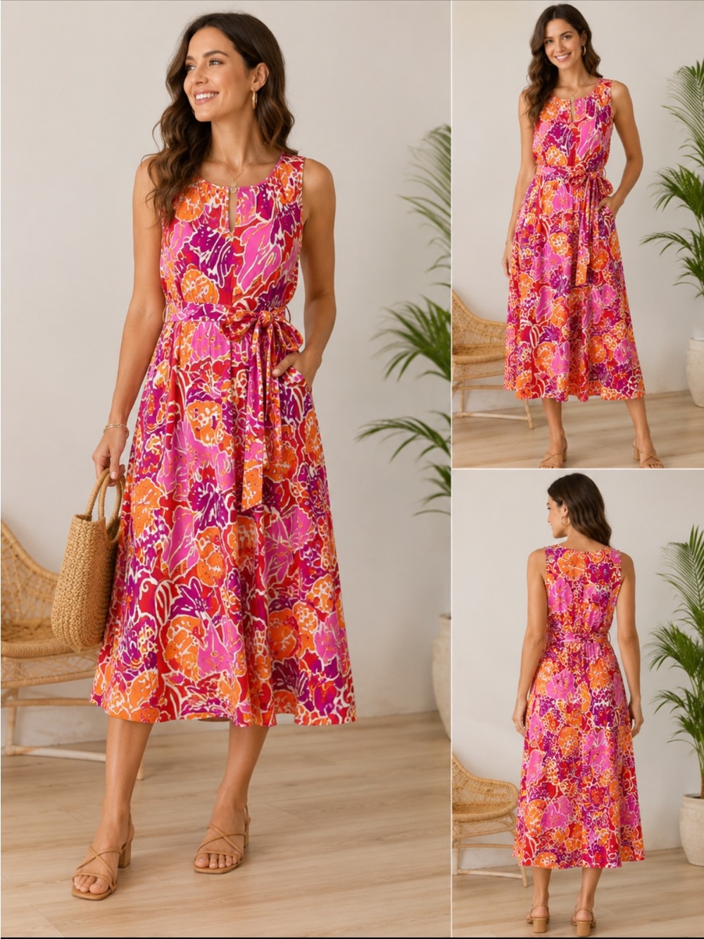 Lands' End Sleeveless Floral Midi Dress in Pink & Orange